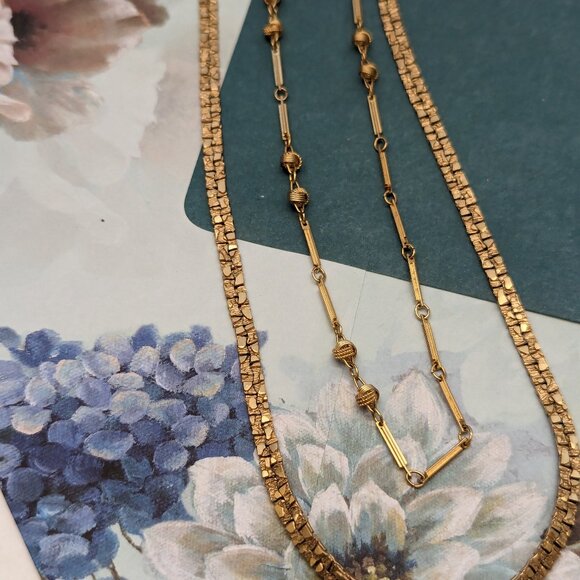 Unique 16" Two Strands Necklace Chain Mix Gold Tone 1960s Diva Glam - Picture 3 of 7